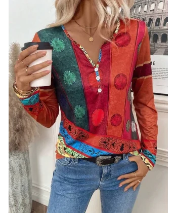 Kadın Uzun Kollu V Yakalı çok Renkli Süprem Bluz