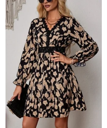 Kadın Uzun Kollu V Yakalı Dantel Detaylı Desenli Dalgıç Elbises