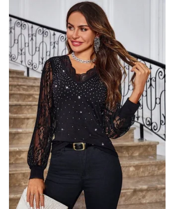 Kadın Uzun Kollu V Yakalı Dantelli Taşlı Sandy Bluz