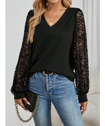 Kadın Uzun Kollu V Yakalı Dantelli Viskon Iki Iplik Bluz