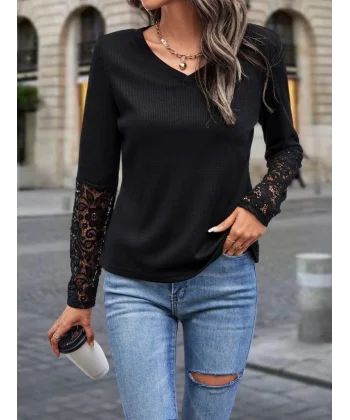 Kadın Uzun Kollu V Yakalı Dantelli Waffle Bluz