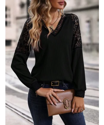 Kadın Uzun Kollu V Yakalı Dantelli Waffle Bluz