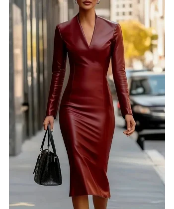 Kadın Uzun Kollu V Yakalı Deri Midi Elbise