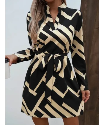 Kadın Uzun Kollu V Yakalı Desenli Belinde Kuşaklı Dalgıç Elbise