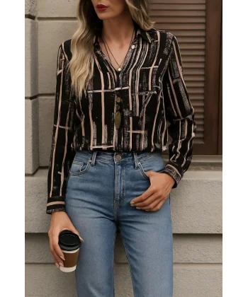 Kadın Uzun Kollu V Yakalı Desenli Dalgıç Bluz