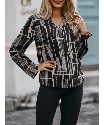 Kadın Uzun Kollu V Yakalı Desenli Dalgıç Bluz