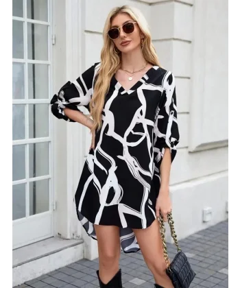 Kadın Uzun Kollu V Yakalı Desenli Dalgıç Elbise