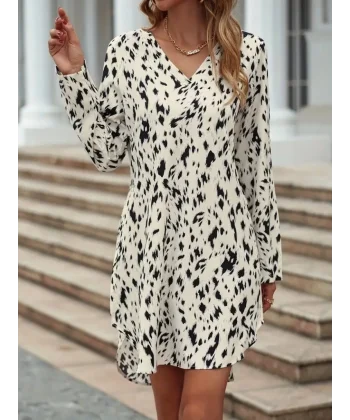 Kadın Uzun Kollu V Yakalı Desenli Kısa Keten Elbise