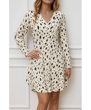 Kadın Uzun Kollu V Yakalı Desenli Kısa Keten Elbise