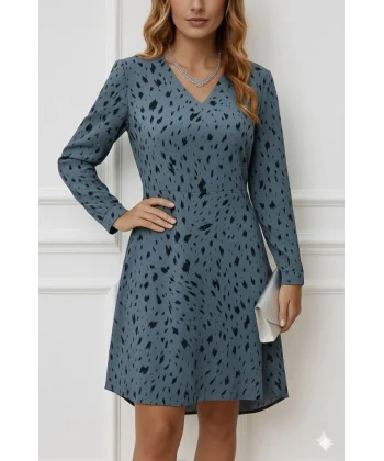 Kadın Uzun Kollu V Yakalı Desenli Kısa Keten Elbise