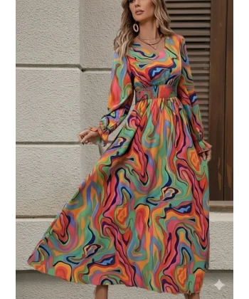 Kadın Uzun Kollu V Yakalı Desenli Maxi Süprem Elbise