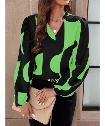 Kadın Uzun Kollu V Yakalı Desenli Modal Bluz