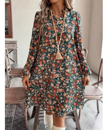 Kadın Uzun Kollu V Yakalı Desenli Modal Mini Elbise