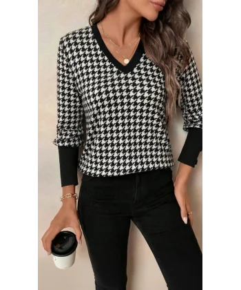 Kadın Uzun Kollu V Yakalı Desenli Süprem Bluz