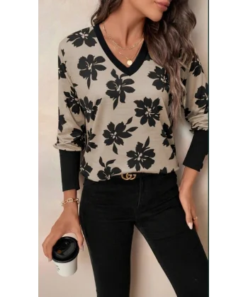 Kadın Uzun Kollu V Yakalı Desenli Süprem Bluz