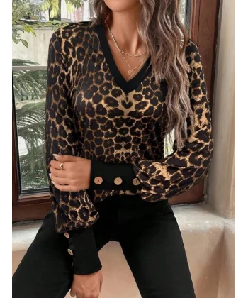 Kadın Uzun Kollu V Yakalı Desenli Süprem Bluz