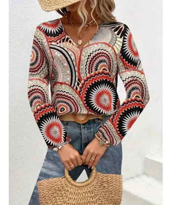 Kadın Uzun Kollu V Yakalı Desenli Süprem Bluz