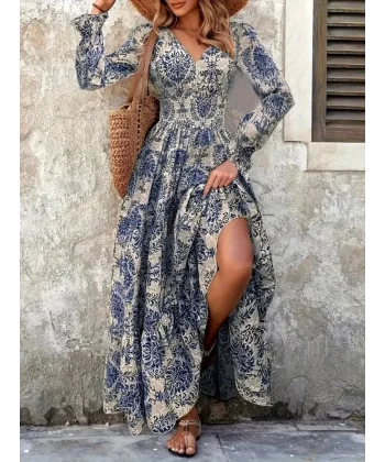 Kadın Uzun Kollu V Yakalı Desenli Süprem Elbise