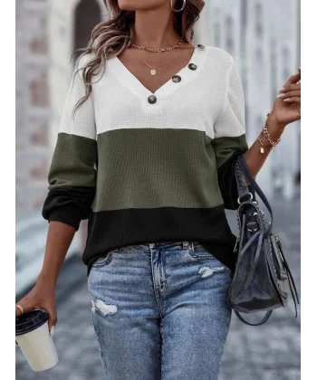 Kadın Uzun Kollu V Yakalı Düğmeli çok Renkli Waffle Bluz