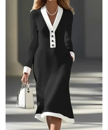 Kadın Uzun Kollu V Yakalı Düğmeli Midi Modal Elbise