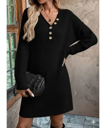 Kadın Uzun Kollu V Yakalı Düğmeli Mini Triko Elbise