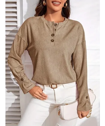 Kadın Uzun Kollu V Yakalı Düğmeli Salaş şardonlu Kaşkorse Bluz