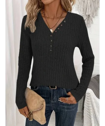 Kadın Uzun Kollu V Yakalı Düğmeli şardonlu Kaşkorse Bluz