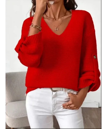 Kadın Uzun Kollu V Yakalı Düğmeli Triko Bluz