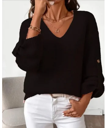 Kadın Uzun Kollu V Yakalı Düğmeli Triko Bluz