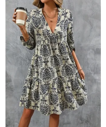 Kadın Uzun Kollu V Yakalı Fırfırlı Mini Süprem Elbise