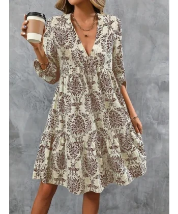 Kadın Uzun Kollu V Yakalı Fırfırlı Mini Süprem Elbise