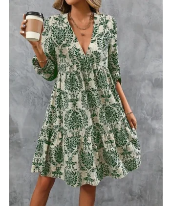 Kadın Uzun Kollu V Yakalı Fırfırlı Mini Süprem Elbise