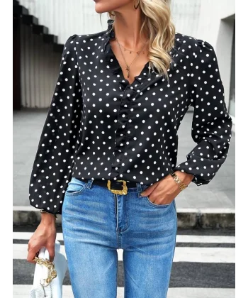 Kadın Uzun Kollu V Yakalı Fırfırlı Puantiyeli Krep Bluz