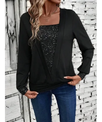 Kadın Uzun Kollu V Yakalı Içi Süprem Desenli Dışı Viskon Bluz