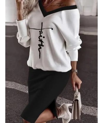 Kadın Uzun Kollu V Yakalı Iki Iplik Bluz Ve şardonlu Kaşkorse Etek Ikili Takım