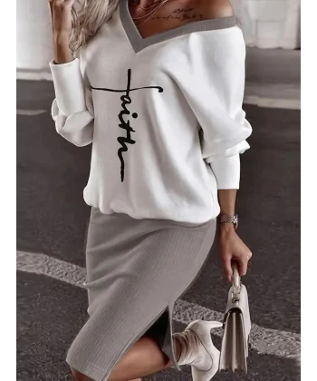 Kadın Uzun Kollu V Yakalı Iki Iplik Bluz Ve şardonlu Kaşkorse Etek Ikili Takım