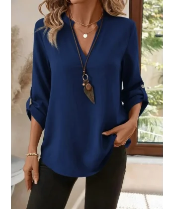 Kadın Uzun Kollu V Yakalı Ithal Krep Lacivert Bluz