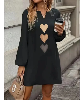 Kadın Uzun Kollu V Yakalı Kalp Desenli Mini Ithal Krep Elbise