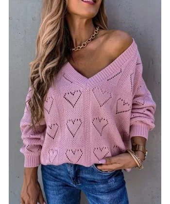 Kadın Uzun Kollu V Yakalı Kalpli Salaş Triko Bluz