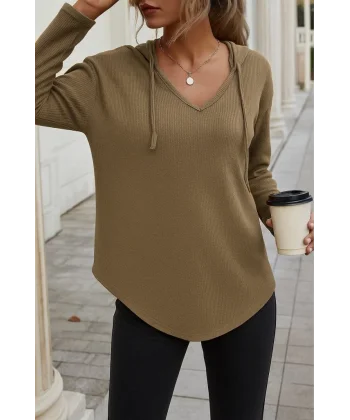 Kadın Uzun Kollu V Yakalı Kapşonlu Waffle Bluz