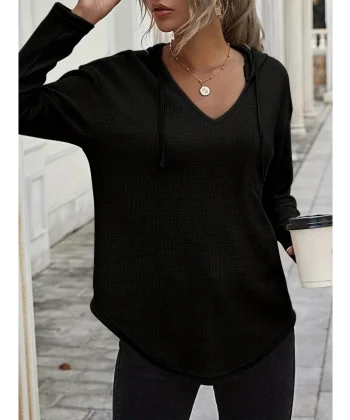 Kadın Uzun Kollu V Yakalı Kapşonlu Waffle Bluz