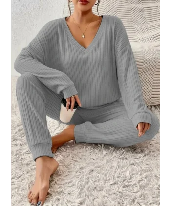 Kadın Uzun Kollu V Yakalı Kaşkorse Bluz Ve Pantolon Ikili Takım