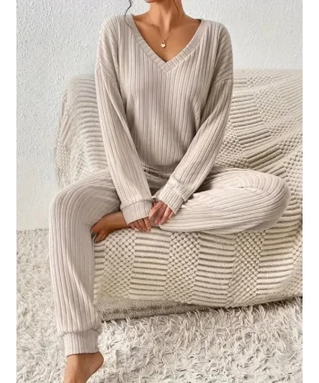 Kadın Uzun Kollu V Yakalı Kaşkorse Bluz Ve Pantolon Ikili Takım