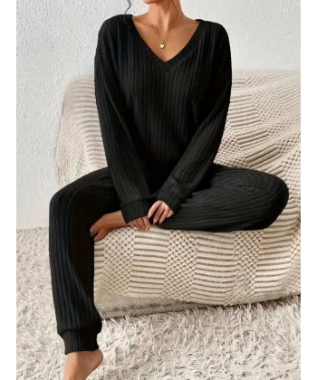 Kadın Uzun Kollu V Yakalı Kaşkorse Bluz Ve Pantolon Ikili Takım