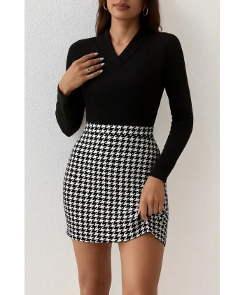 Kadın Uzun Kollu V Yakalı Kaz Ayağı Desenli şardonlu Dalgıç Elbise