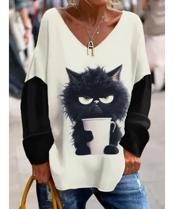 Kadın Uzun Kollu V Yakalı Kedi Baskılı şardonlu Dalgıç Bluz