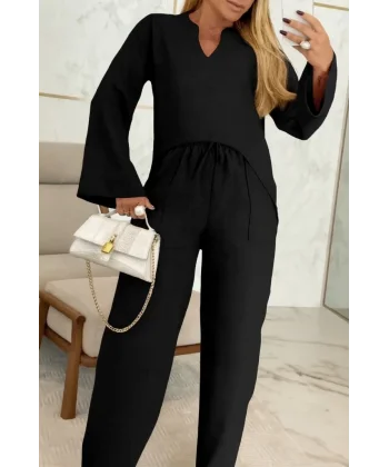 Kadın Uzun Kollu V Yakalı Keten Bluz Bağcıklı Pantolon Ikili Takım