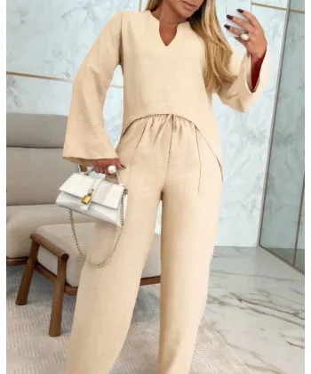 Kadın Uzun Kollu V Yakalı Keten Bluz Bağcıklı Pantolon Ikili Takım
