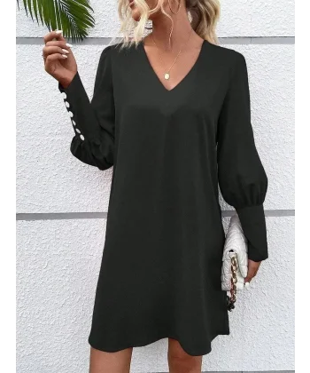 Kadın Uzun Kollu V Yakalı Kısa Ithal Krep Elbise