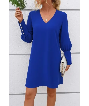 Kadın Uzun Kollu V Yakalı Kısa Ithal Krep Elbise